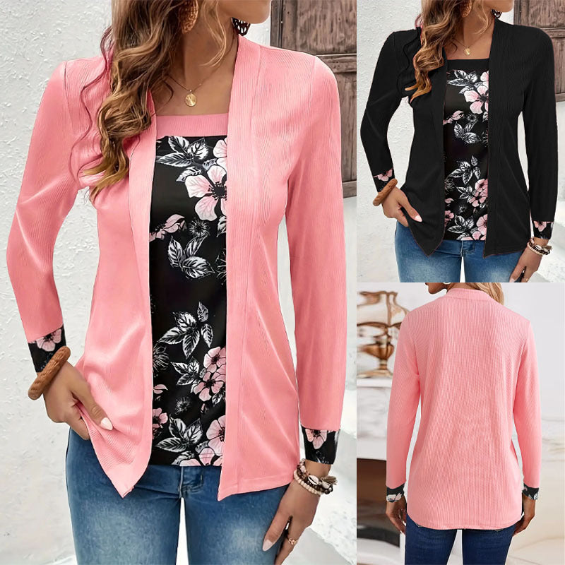 Printed Fake Two Pieces Fashion Long Sleeve Top