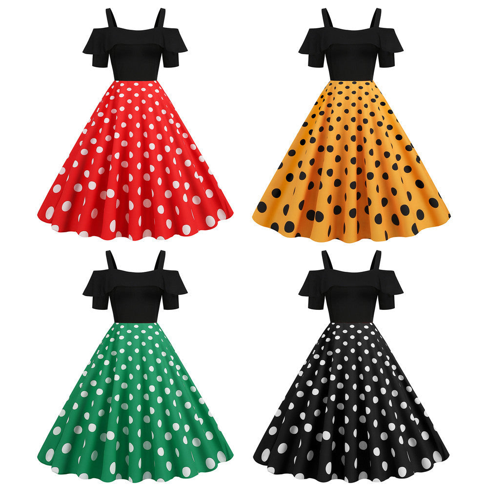 Black Short Sleeve Polka Dot Swing Dress