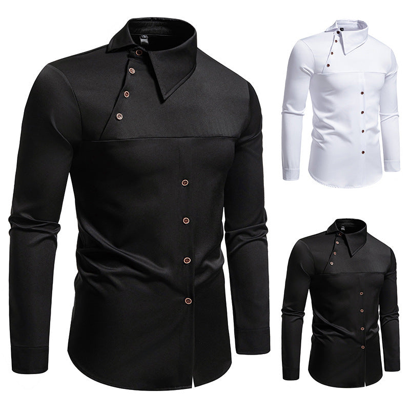 Men's Lapel Oblique Placket  Long-sleeved Shirt