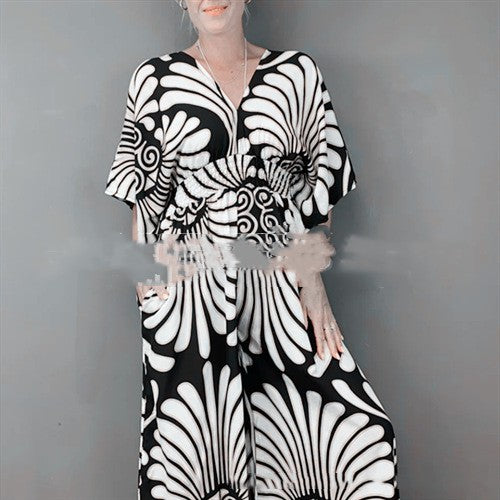 V-neck Printed High Waist Plus Size Women's Jumpsuit