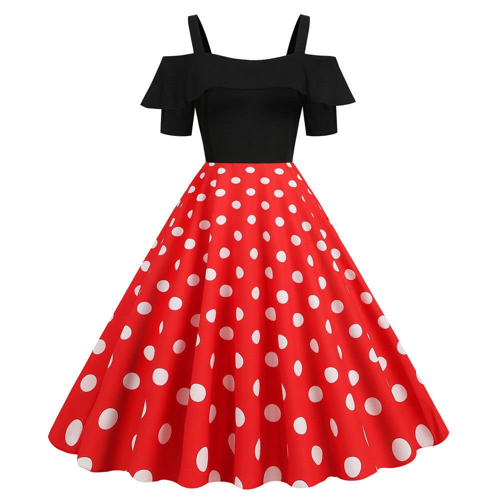 Black Short Sleeve Polka Dot Swing Dress
